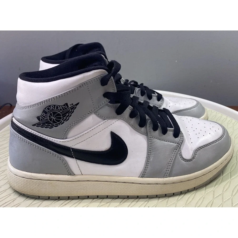 Air Jordan 1 Men's Mid Light Smoke Grey Leather High-top Sneakers Size 9‎